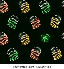 Seamless pattern with neon pints of green, light and dark beer. Alcohol, pub, bar, St. Patrick's Day, Beer festival concept. Vector 10 EPS illustration.