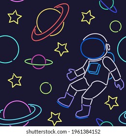 Seamless pattern with neon planets and astronaut on a black background