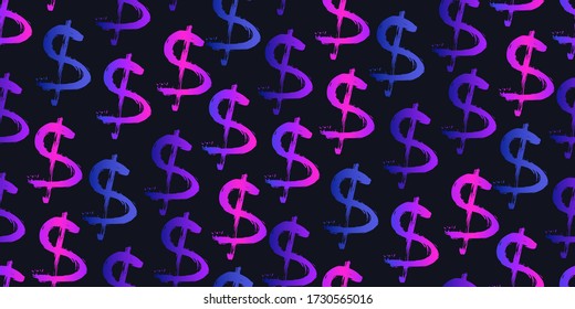 Seamless pattern neon purple symbols of dollar currency isolated on black. Trendy flat lush colorful gradient signs of dollars. The pattern can be used for your ad, poster, banner of USD money. Vector