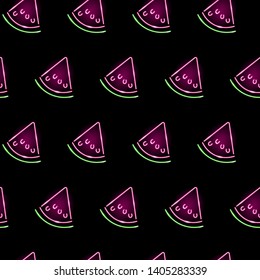 Seamless pattern with neon. Quarters slices of watermelon on a black background. Summer, exotic, freshness, nutrition concept. Vector illustration EPS 10.