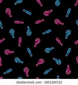 Seamless pattern with neon question mark and exclamation mark icons on black background.  Conversation, dialogue, quiz, problem concept. Night signboard style. Vector 10 EPS illustration.