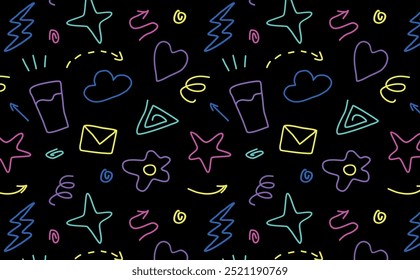 seamless pattern of neon shapes, doodle, hand drawn elements, decor for cover, textile, fabric, packaging, background, clothing, vector