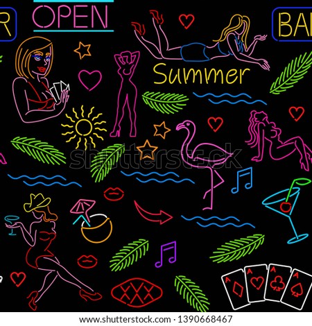Seamless pattern with neon signs, casino, tropical palm leaves, beautiful girls, night club