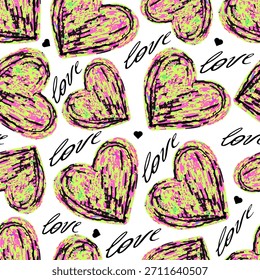 Padrão perfeito com corações de esboço de néon e texto manuscrito de "amor". Design brilhante, energético e moderno perfeito para temas de namorados, moda adolescente, papelaria e papel de embalagem