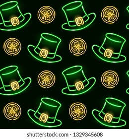 Seamless pattern with neon St. Patrick's icons: golden coins with shamrock symbol and leprechaun hats on dark background. St. Patrick's Day or Ireland concept. Vector EPS 10 illustration.