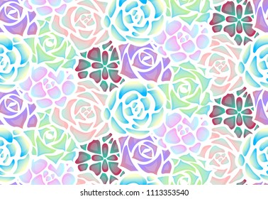 Seamless pattern of neon succulents with patches of light . View from above. Vector texture for creating fabrics, wallpaper and your design.