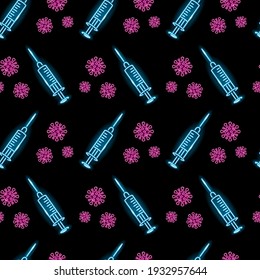 Seamless pattern with neon syringe and covid-19 icons on black background. Medicine, coronavirus vaccination, health care concept. Vector 10 EPS illustration.