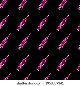 Nahtloses Muster mit Neonspritzen-Symbolen auf schwarzem Hintergrund. Medizin, Impfung, Behandlungskonzept. Vektorgrafik 10 EPS.