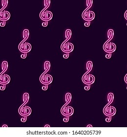 Seamless pattern with neon treble clef on dark background. Music concept for wallpaper, print or wrapping paper. Vector 10 EPS illustration.