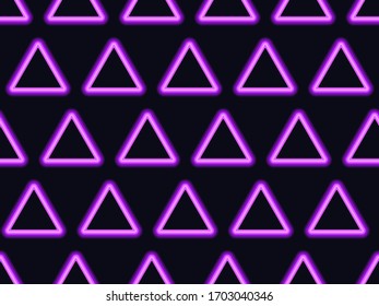 Seamless pattern with neon triangles, linear art. Violet bright neon light in 80s style. Vector illustration