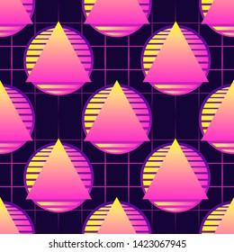 Seamless pattern with neon triangles on spheres. Futuristic digital vector wallpaper. Vaporwave, cyberpunk aesthetics. Laser grid background.