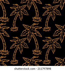 Seamless pattern with neon tropical coconut palm trees black and gold. Floral modern abstract background. Repeating print texture. Silk. Fabric design. Wallpaper - vector