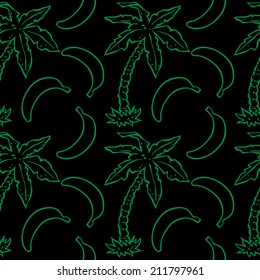 Seamless pattern with neon tropical coconut palm trees and bananas in black and green. Floral modern abstract background. Repeating print texture. Silk. Fabric design. Wallpaper - vector