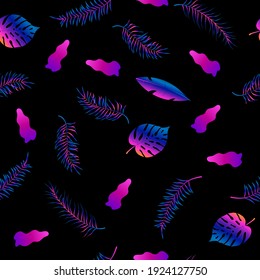 Seamless pattern with neon tropical leaves. Vector illustration