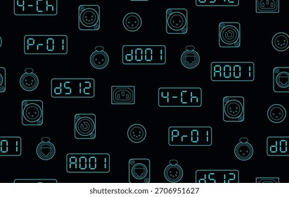 Patrón sin fisuras de pantallas digitales de estilo neón e iconos de conectores, incluidos los símbolos DMX, XLR, Power y Ethernet, dispuestos sobre un fondo oscuro para temas de tecnología o iluminación de escenarios.