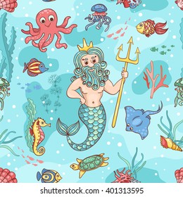 Seamless pattern with Neptune. Vector children background.