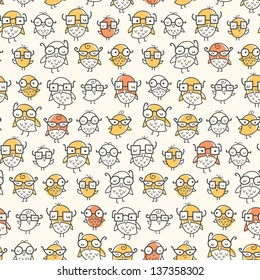 Seamless pattern of nerdy birds wearing glasses. Colors can be easily changed in vector file.