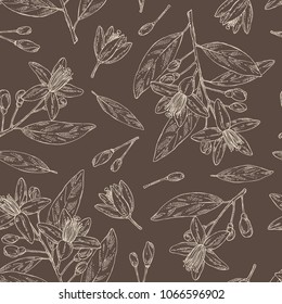Seamless pattern with neroli, orange flower: orange flowering branch, leaves, neroli flowers and bud. Cosmetic, perfumery and medical plant. Vector hand drawn illustration