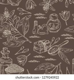 Seamless pattern with neroli, orange flower: leaves, neroli flowers, soap and bath salt . Cosmetic, perfumery and medical plant. Vector hand drawn illustration