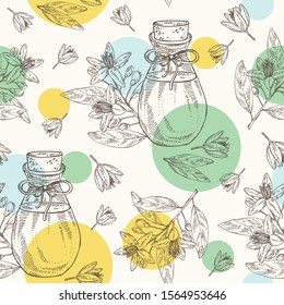 Seamless pattern with neroli, orange flower and bottle of neroli essential oil. Cosmetic, perfumery and medical plant. Vector hand drawn illustration.