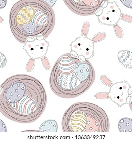 Seamless pattern with nest, bunnies, and easter eggs on white background. Vector illustration.