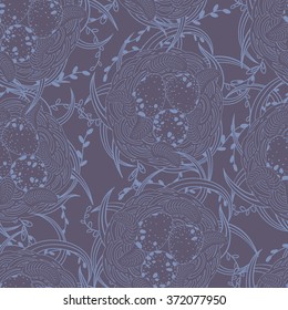 Seamless pattern with nest, eggs, grass, feathers and willow twigs.