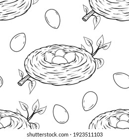 seamless pattern from nest with eggs. Vector illustration. Black and white.