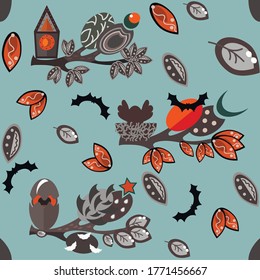 Seamless pattern "Nest in forest". Vektor illustration of an abstract background of a forest landscape with birds nests. Children's illustration for wallpaper, wrapping paper, skrapbooking.