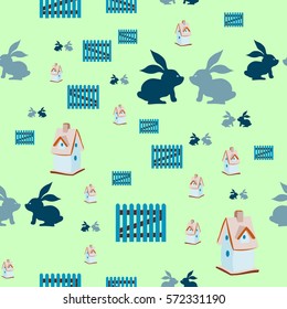 Seamless pattern with nesting box, two rabbits, little fence. Springtime and easter.
