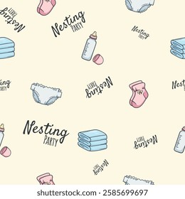 Seamless pattern nesting party. Vector endless background with baby things, bottle, pacifier, diapers. Illustration for the design of wrapping paper, gift, print, banner, photo zone