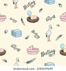 Seamless pattern nesting party. Vector endless background with stork, nest, feathers and baby accessories. Illustration for the design of wrapping paper, gift, print, banner, photo zone