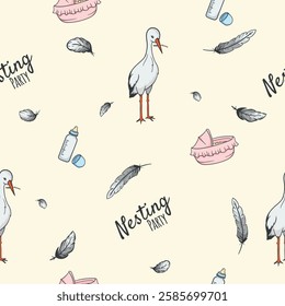 Seamless pattern nesting party. Vector endless background with stork, feathers and baby accessories. Illustration for the design of wrapping paper, gift, print, banner, photo zone