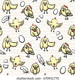 Seamless pattern with nestlings painted by brush and hand. Vector illustration. Chickens, eggs, feathers. Characters for a fairy tale, cartoon, design