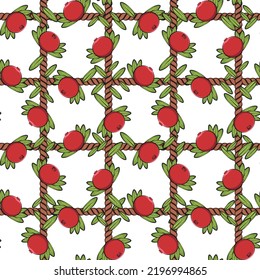 Seamless pattern, net of the cord with cranberries, lingonberries. Colored vector background.