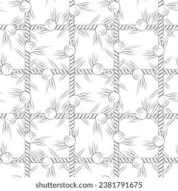 Seamless pattern, net of the cord with juniper. Black and white vector background on white.
