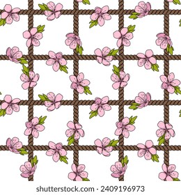 Seamless pattern with net of the cord and pink spring flowers. Colored vector background with objects on white.