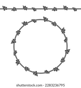 Seamless pattern with net of the cord and spring flowers. Black and white vector background on white.