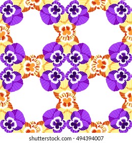 seamless pattern net flowers yellow violet pansies vector illustration