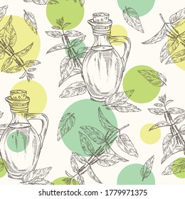 Seamless pattern with nettle and bottle of nettle oil. Vector hand drawn illustration