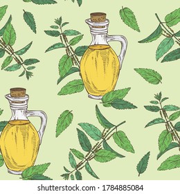 Seamless pattern with nettle and bottle of nettle oil. Vector hand drawn illustration