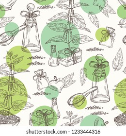 Seamless pattern with nettle: plant, leaves, flowers, soap and bath salt . Cosmetic and medical plant. Vector hand drawn illustration. 