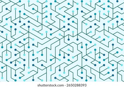 Padrão contínuo. Rede de ramificações de linhas e pontos em um arranjo hexagonal isométrico.