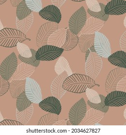 Seamless pattern. Neutral colours with shapes and silhouettes of leaves. Vector background.