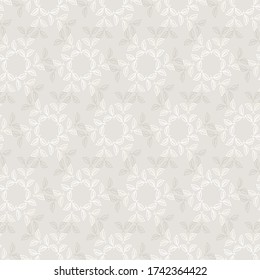 Seamless pattern. Neutral cream flower blooms background. Elegant minimal off white beige linen texture. Stylish damask all over print.