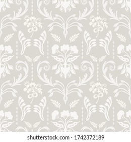 Seamless pattern. Neutral cream flower blooms background. Elegant minimal off white beige linen texture. Stylish damask all over print.