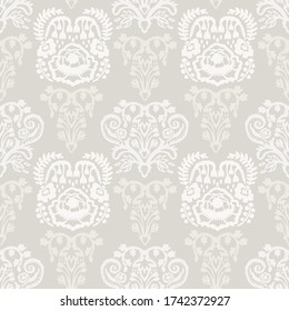 
Nahtloses Muster. Die neutrale Creme blüht den Hintergrund. Elegante minimale, beige-weiße Leinenstruktur. Stilvoller Damast über Druck.