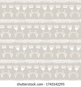 Seamless pattern. Neutral cream flower blooms stripe background. Elegant minimal off white beige linen texture. Stylish striped all over print.