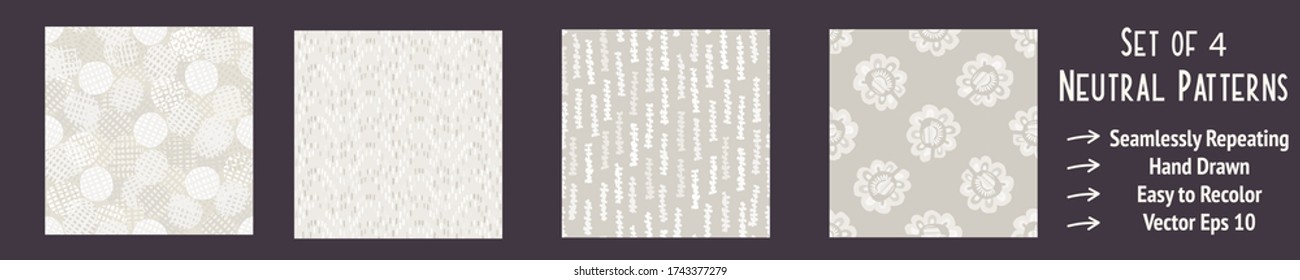 Seamless pattern. Neutral cream flower blooms background. Elegant minimal off white beige linen texture. Stylish dot, circle, stripe all over print mix set collection