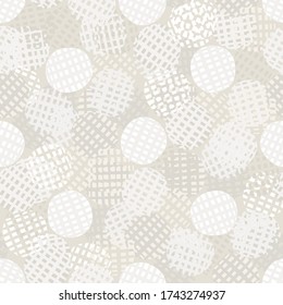 
Seamless pattern. Neutral cream polka dot circle background. Elegant minimal off white beige linen texture. Stylish dotty all over print.