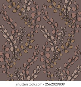 Seamless pattern with neutral earthy tropical eucalyptus leaves on brown background. Line art botanical wallpaper with foliage